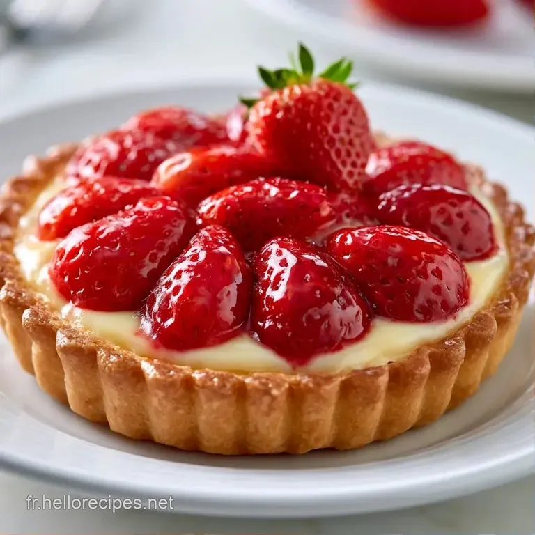 Part de tarte aux fruits rouges sur assiette blanche, nappage brillant et feuille de menthe fra&icirc;che sur le c&ocirc;t&eacute;.