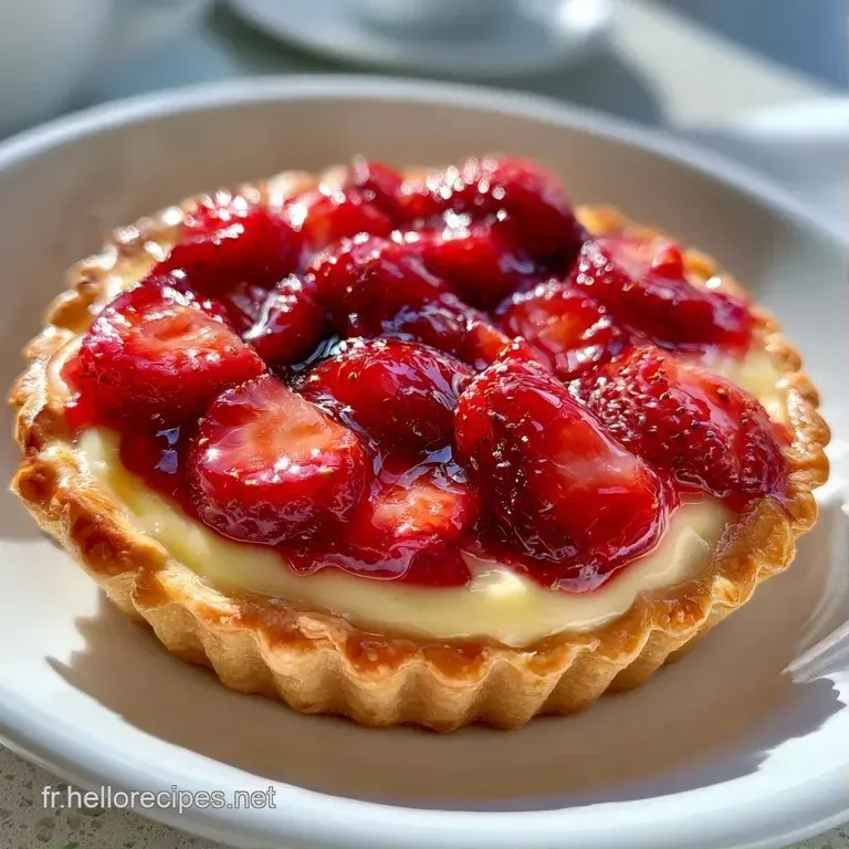 Une part de tarte sur assiette blanche, r&eacute;v&eacute;lant une p&acirc;te sabl&eacute;e croustillante et des fraises juteuses et brillantes.