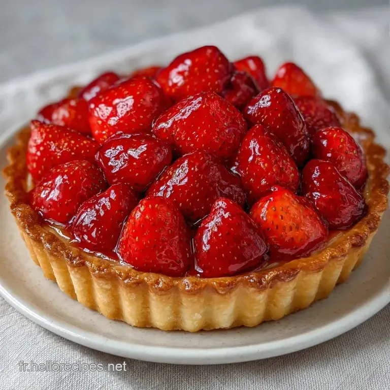 Part de tarte aux fruits rouges sur assiette blanche, avec un nappage brillant et une feuille de menthe fra&icirc;che.