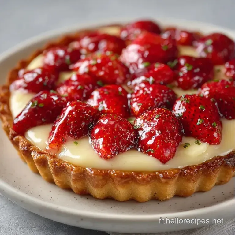 Fine tranche de dessert aux fruits rouges sur porcelaine blanche, accentu&eacute;e par une feuille de menthe verte et fra&icirc;che.