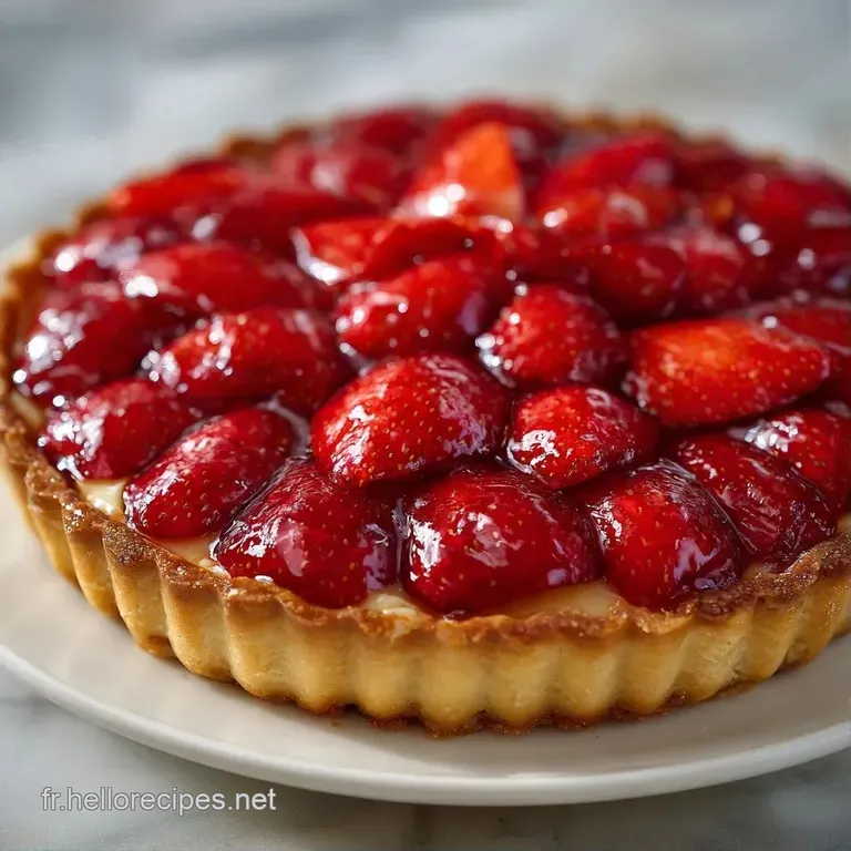 Part de tarte aux fruits rouges sur assiette blanche, accompagn&eacute;e d'un trait de coulis vif et d'une menthe fra&icirc;che.