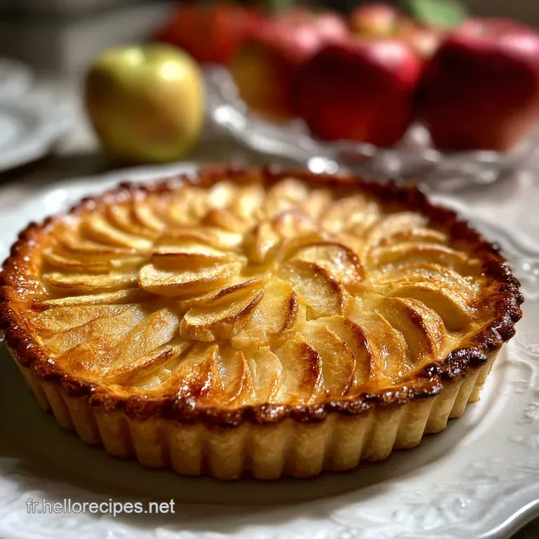 Elegant slice of apple tart with glazed apples glistening under the light. Crisp, golden pastry base. A delectable dessert...