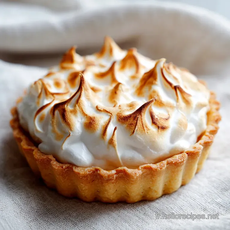 Slice of lemon meringue tart on a white plate. The creamy lemon filling peeks out beneath the billowy, browned meringue.