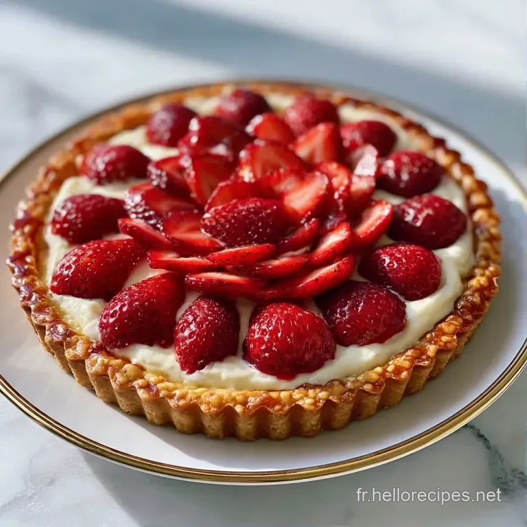 Part de tarte pos&eacute;e sur une assiette blanche, r&eacute;v&eacute;lant une cr&egrave;me vanille lisse et des fruits rouges juteux et frais.