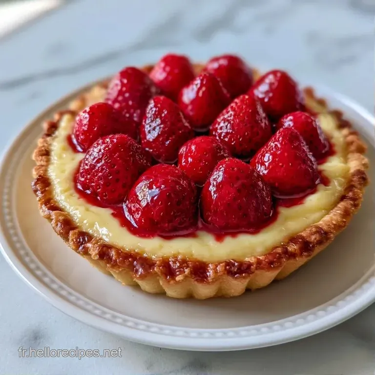 Une part de tarte croustillante sur assiette blanche, fraises juteuses et &eacute;clatantes sur un nappage brillant et lisse.