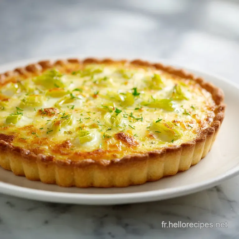 Slice of savory leek tart on a white plate, garnished with fresh thyme sprigs. Crust is golden and filling appears rich.