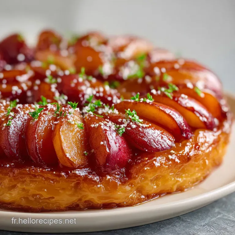 Slice of glistening tarte tatin on a white plate, drizzled with caramel sauce, hinting at the warm, soft apple underneath.