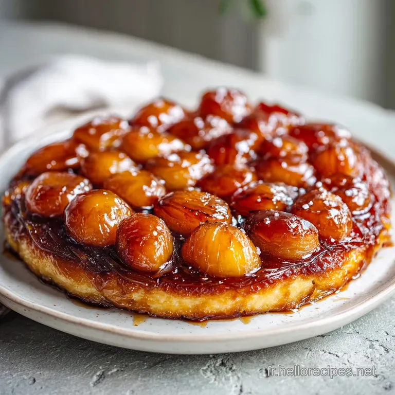 Slice of warm apple tart tatin with flaky, caramelized crust, served on a white plate and drizzled with luscious, amber-co...