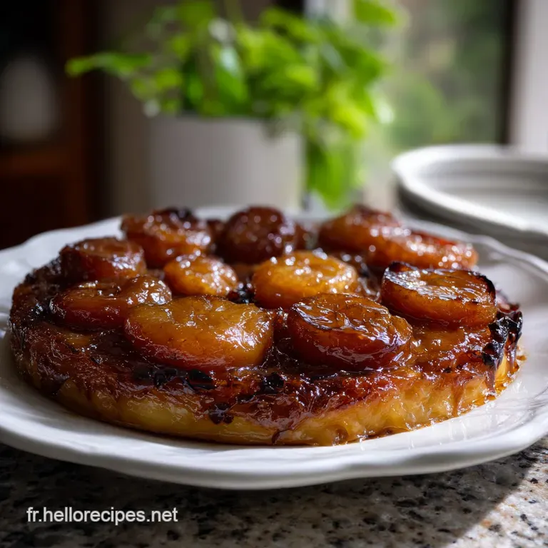Slice of warm Tarte Tatin with glistening caramelized apples, served with a dollop of cool, melting vanilla ice cream.