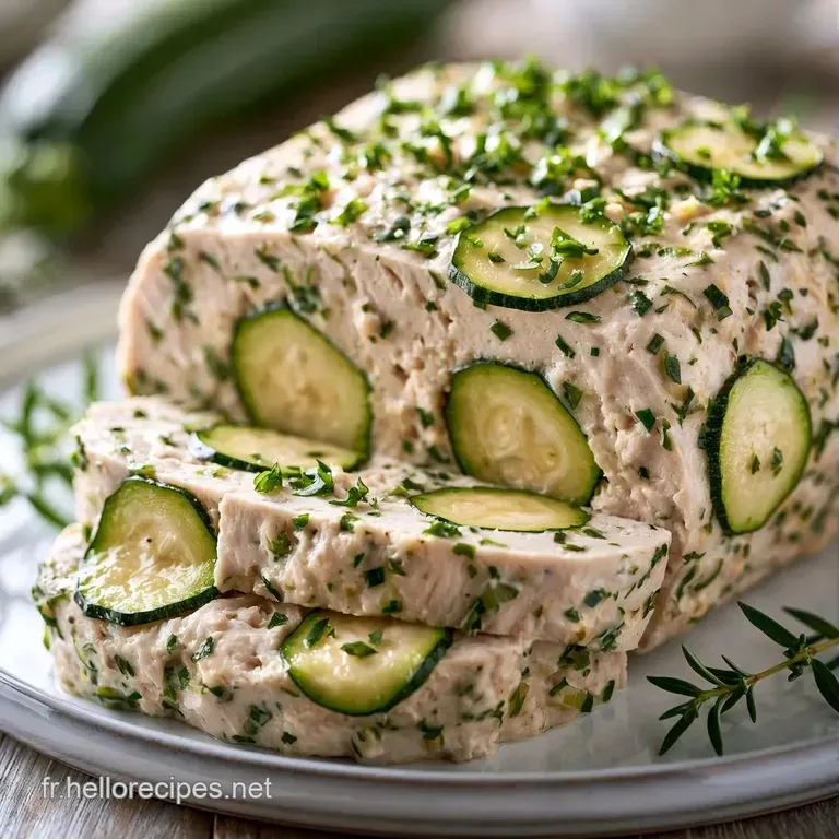 Fine tranche de terrine p&acirc;le et onctueuse sur assiette blanche, d&eacute;cor&eacute;e de pousses vertes et d'un filet d'huile brillant.