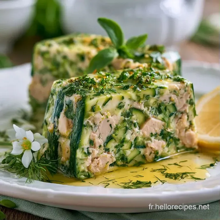Tranche rectangulaire aux strates vertes et cr&egrave;me, accompagn&eacute;e d'une herbe fra&icirc;che sur une assiette en c&eacute;ramique.