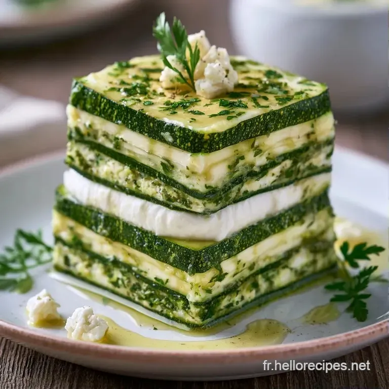Fine tranche &agrave; &eacute;tages vert et cr&egrave;me sur assiette blanche, d&eacute;cor&eacute;e d'une herbe fra&icirc;che et d'un filet d'huile dor&eacute;e.