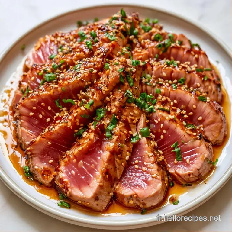 Fines lamelles de poisson ros&eacute; dispos&eacute;es en &eacute;ventail, agr&eacute;ment&eacute;es de touches de vert et d'un gla&ccedil;age sombre et sirupeux.