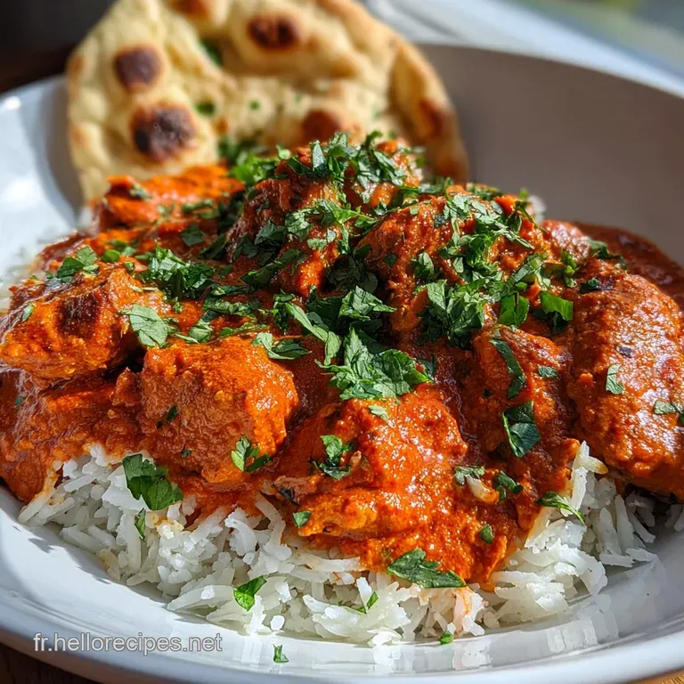 Tikka masala served elegantly with fluffy basmati rice, naan bread, and a sprinkle of fresh herbs on a bright white plate.