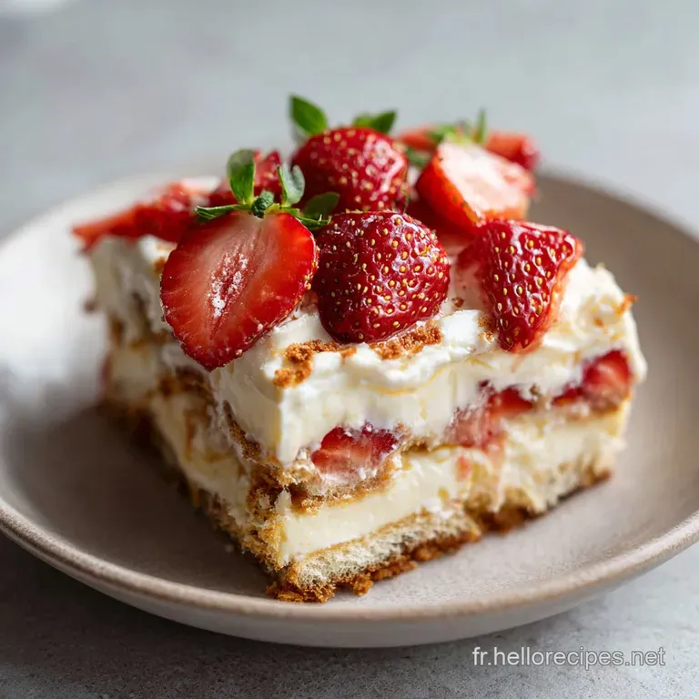 Elegant slice of strawberry tiramisu with vibrant red fruit and white cream.