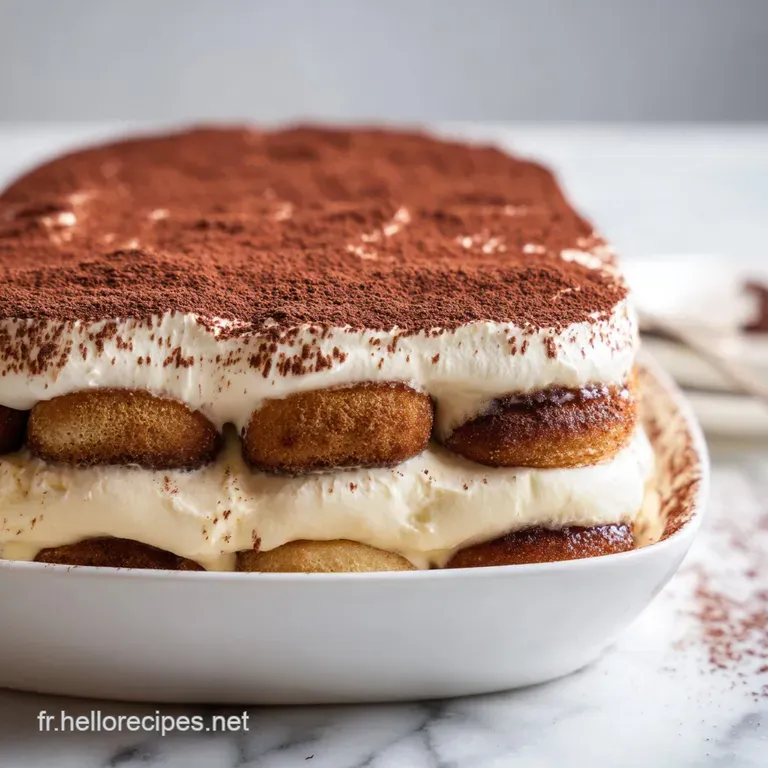 Tranche rectangulaire r&eacute;v&eacute;lant des couches altern&eacute;es de cr&egrave;me onctueuse et de biscuits imbib&eacute;s sur une assiette blanche.