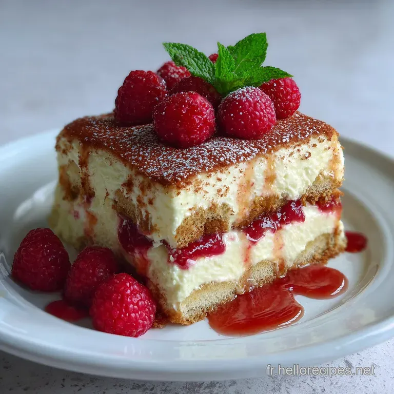 Elegant layered dessert in a glass, the raspberry tiramisu showing off its pink and cream layers. Garnished with fresh ras...