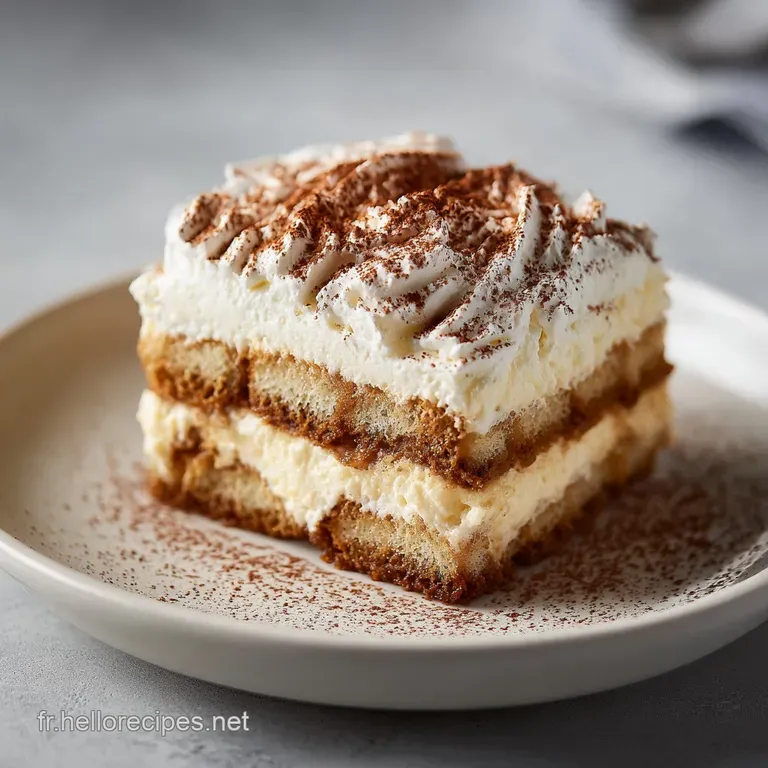 Elegant slice of tiramisu on a white plate, cocoa dusting and coffee bean garnish, showcasing creamy mascarpone and ladyfi...