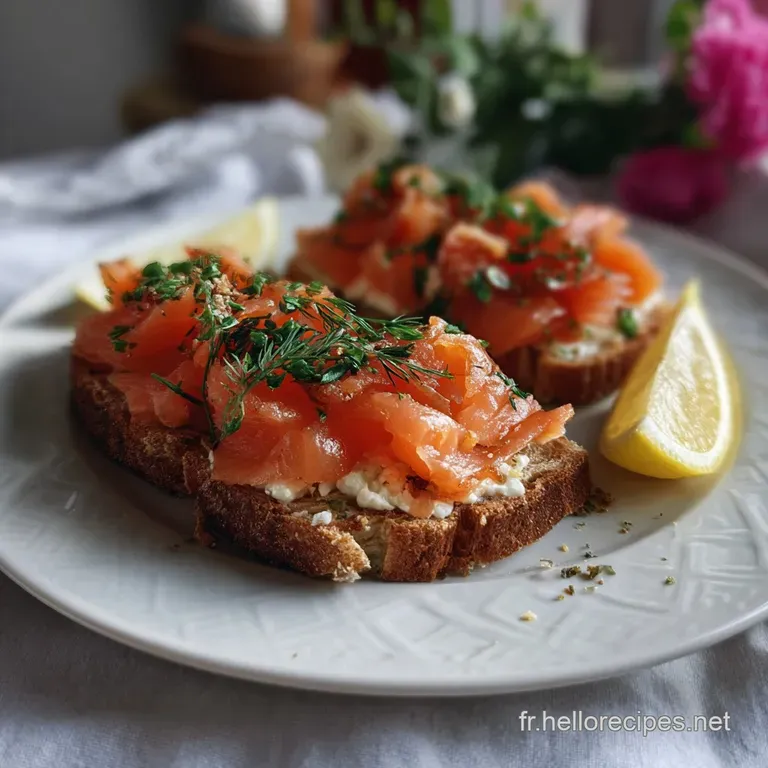 Elegant toast arrangement featuring thinly sliced salmon, fluffy cream cheese, and a sprinkle of herbs, perfect for a ligh...