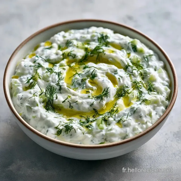 Bol en c&eacute;ramique contenant une sauce blanche &eacute;paisse avec des herbes vertes cisel&eacute;es et un &eacute;clat d'huile d'olive limpide.
