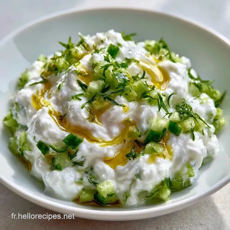 Bol en c&eacute;ramique blanc contenant un dip cr&eacute;meux garni de menthe fra&icirc;che et d'un tourbillon d'huile d'olive limpide.