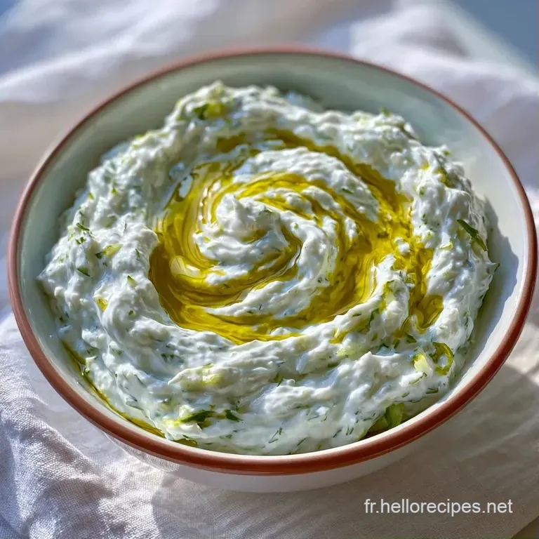 Petit bol en c&eacute;ramique rempli d'une sauce blanche fra&icirc;che, d&eacute;cor&eacute;e de feuilles de menthe et entour&eacute;e de pain grill&eacute;.