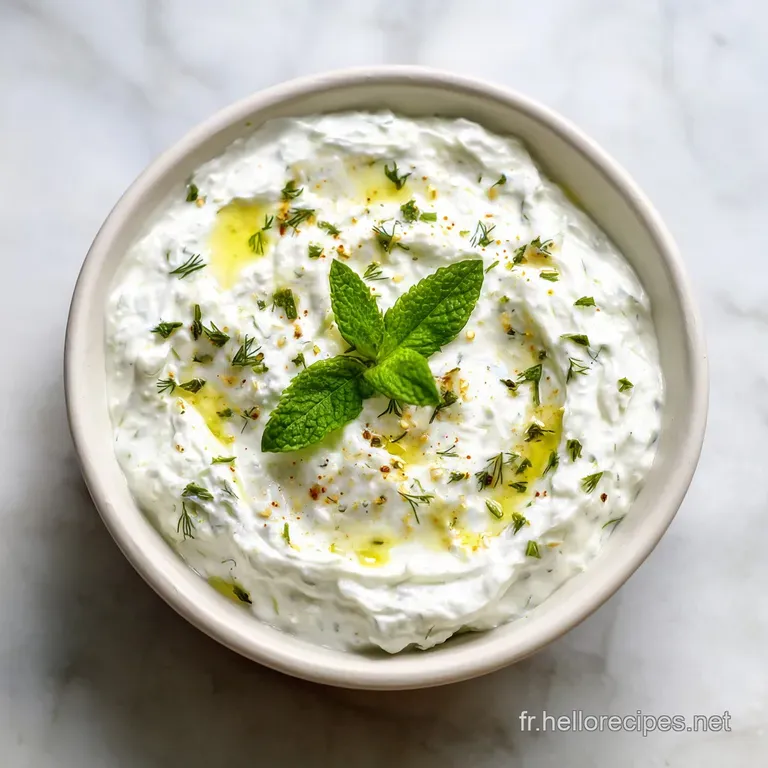 A rustic ceramic bowl filled with refreshing tzatziki, topped with cucumber ribbons and a sprig of mint.