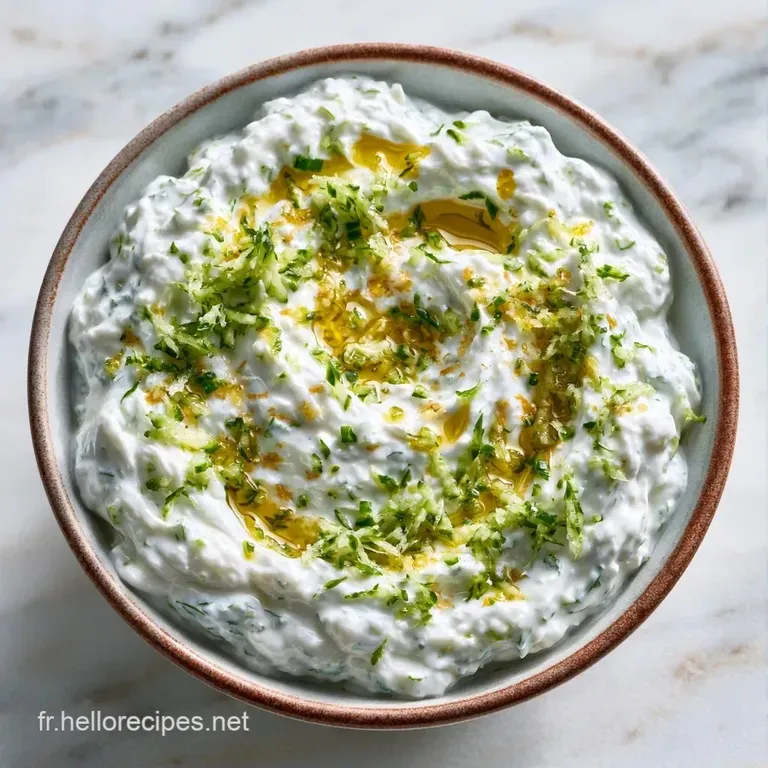 Bol en c&eacute;ramique contenant une sauce blanche fra&icirc;che garnie d'herbes cisel&eacute;es et d'un trait d'huile d'olive brillante.