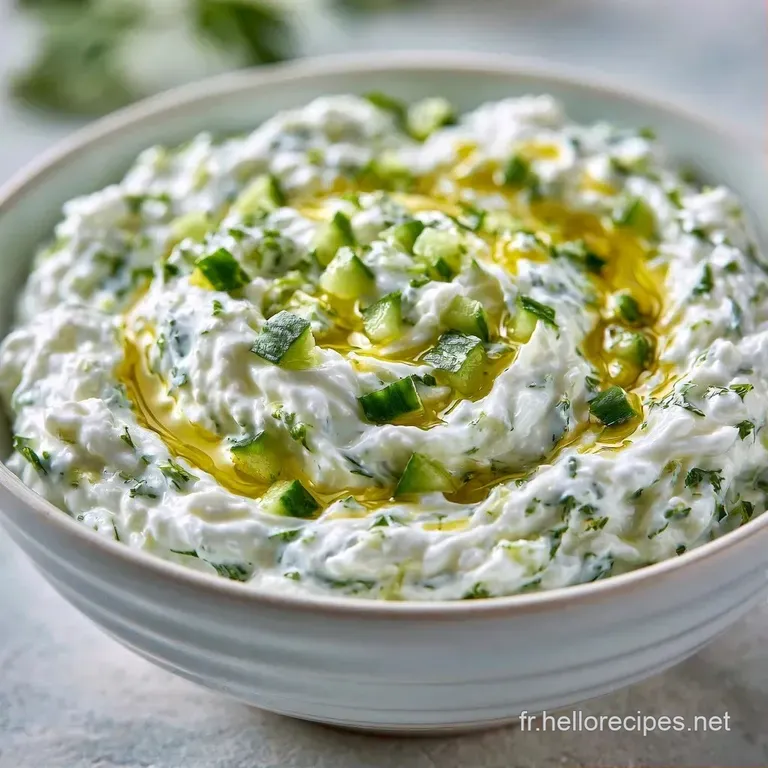 Bol en terre cuite rempli d'une sauce blanche &eacute;paisse, d&eacute;cor&eacute;e d'un tourbillon d'huile d'olive et de feuilles de menthe.