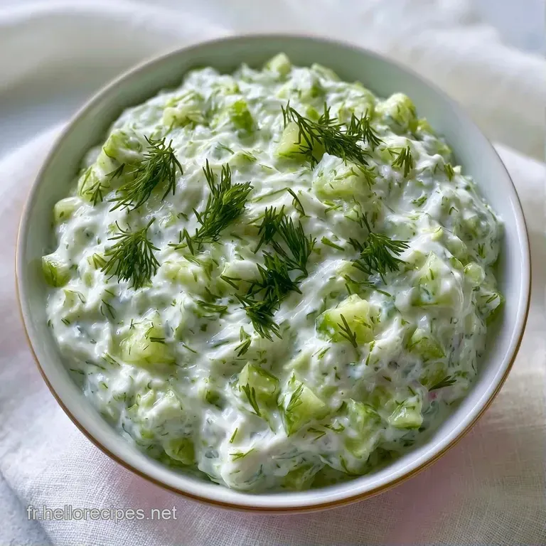 Bol en c&eacute;ramique avec une dip blanche onctueuse, d&eacute;cor&eacute;e de rondelles de concombre croquantes et d'herbes vertes.
