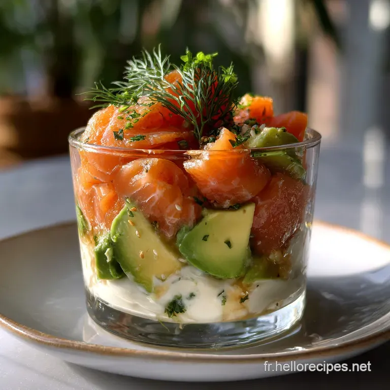 Elegant verrine, smooth avocado mousse topped with delicate smoked salmon, the layered presentation offering contrasting t...