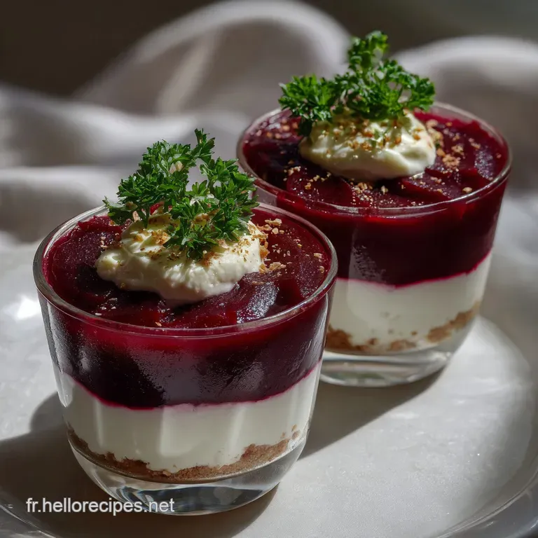 Elegant verrine with smooth pink and white layers, garnished with microgreens. The contrast is visually striking, light an...