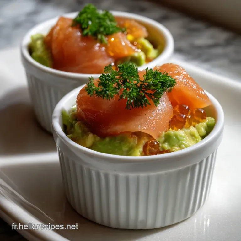 Elegant verrines arranged on a platter, showcasing the alternating layers of green avocado and pink salmon, garnished with...