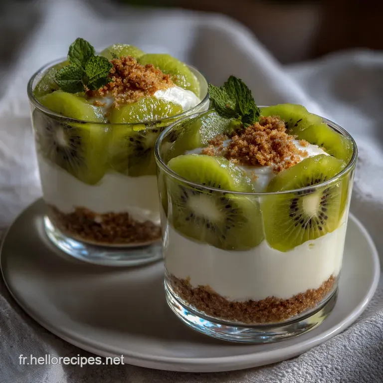 Elegant verrines arranged on a white surface; layers of green kiwi and white cream, showcasing contrasting textures and a ...