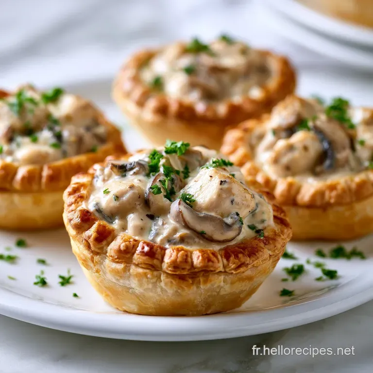 P&acirc;te feuillet&eacute;e croustillante et dor&eacute;e sur assiette blanche, garnie d'une cr&egrave;me onctueuse et d'une touche de persil frais.
