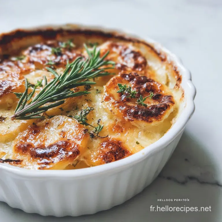Elegant portion of gratin dauphinois; subtly browned edges reveal soft, tender potato slices soaked in rich cream.